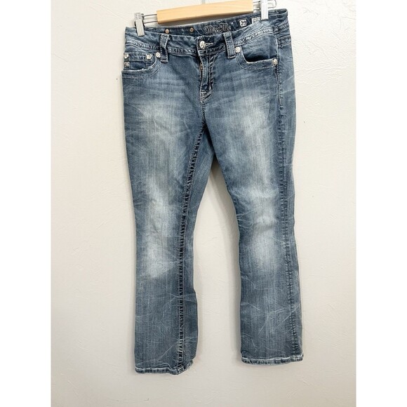 Miss Me Mid Rise Easy Boot Sz 29 Jeans 29x31 Medium Cross Bling Thick Stitch - Picture 1 of 9